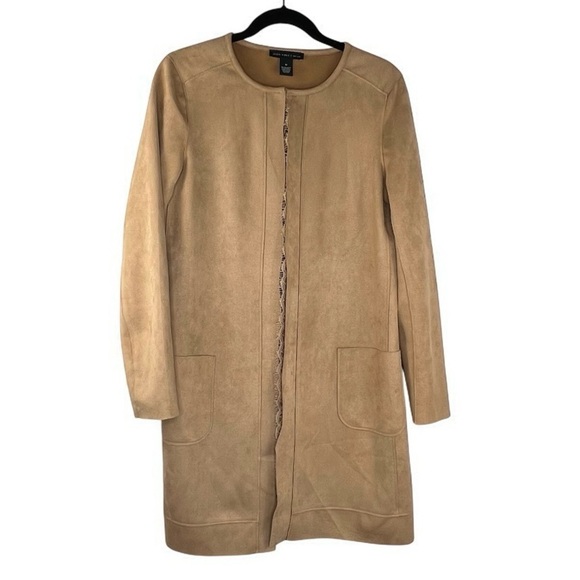 Joan Vass Womens M Soft Faux Suede Cardigan Carmel Long Coat Minimalistic - Picture 1 of 9